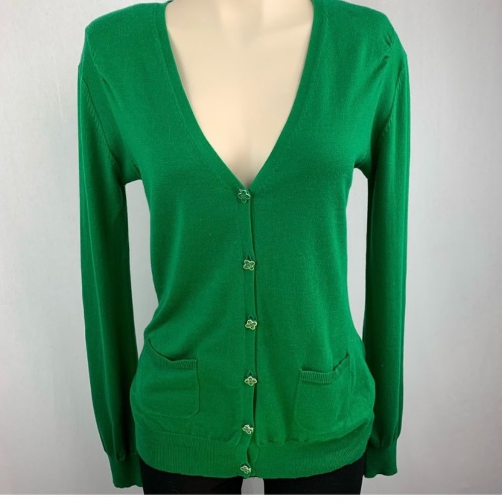 Women's Pink Tartan Button Up Cardigan Knit 100% Pima Cotton Kelly Green Size XS